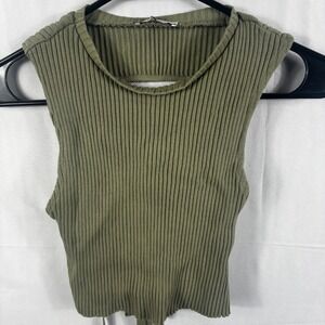 Zara Khaki Green Ribbed Knit Sleeveless Tie-Back Crop Top